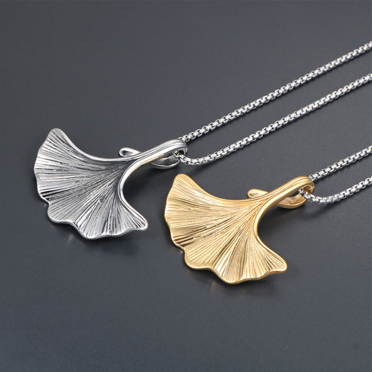 Personalized Ginkgo Biloba Pendant Necklace in Gold-Plated Titanium Steel - Stylish Sweater Chain for Men