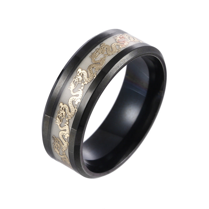 Mystical Chinese Dragon Glow-in-the-Dark Men's Steel Ring - Wholesale Jewelry