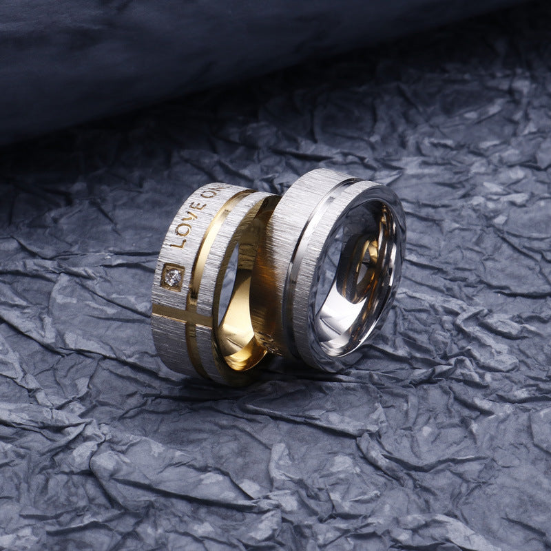 Titanium Steel Love Couple Rings with Micro-Inlaid Zircon - Wholesale Golden Stainless Steel Jewelry for Men