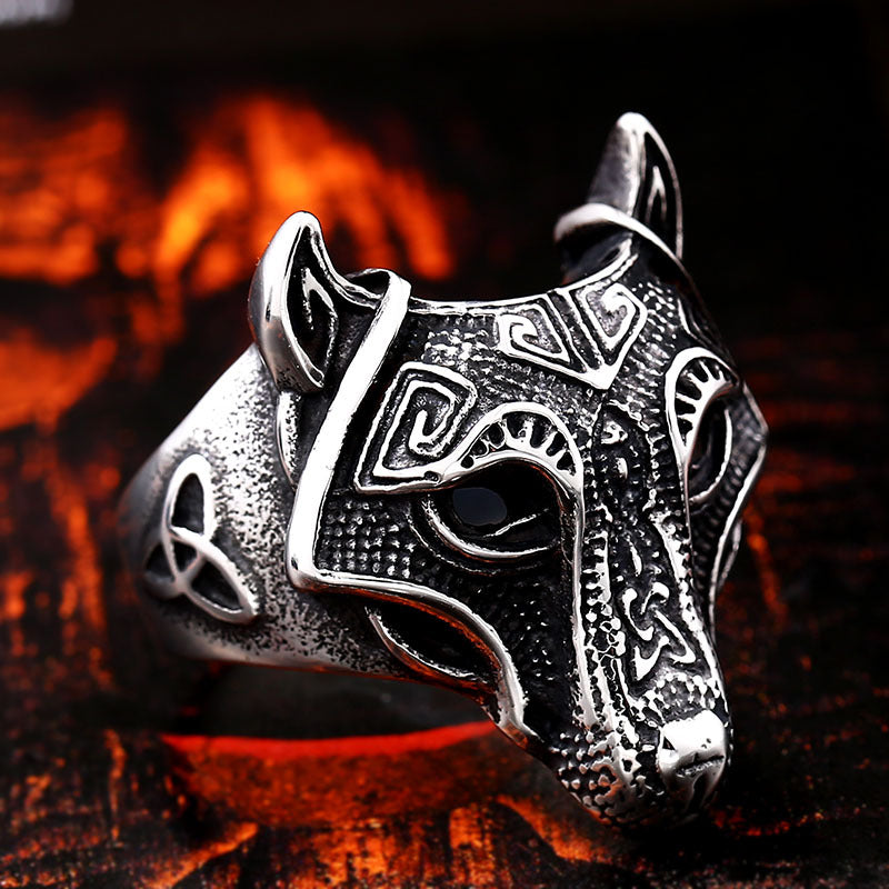 Titanium Steel Viking Wolf Head Ring for Men - European and American Trade Jewelry