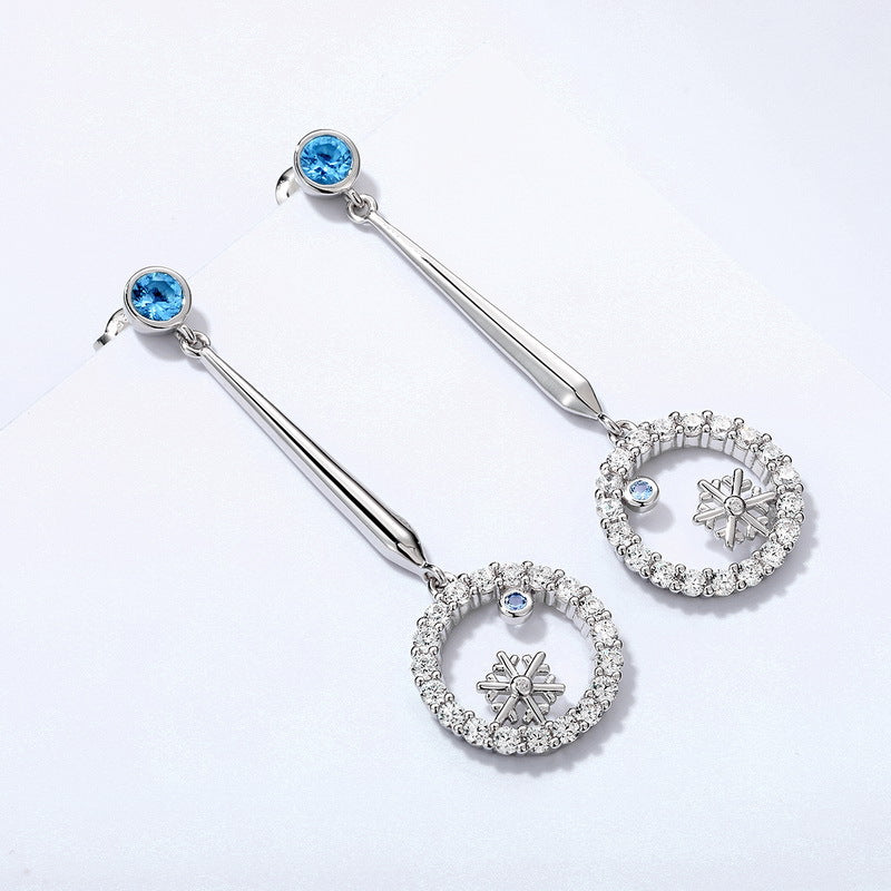 Hollow Circle Pendant Snowflake Blue Zircon Sterling Silver Drop Earrings