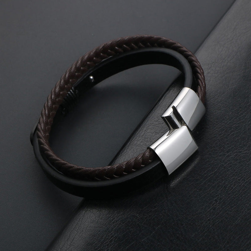 Harajuku Men's Personalized Multi-Layer Woven Titanium Steel Bracelet with Stylish Metal Buckle