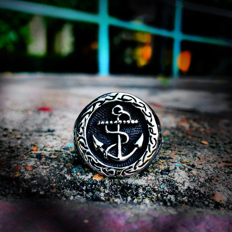 Titanium Steel Retro Pirate Anchor Ring for Men - Edgy Punk Jewelry in Sizes 8-13