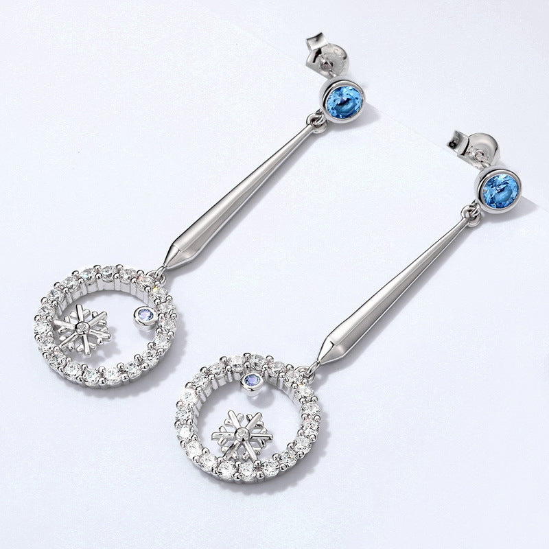 Hollow Circle Pendant Snowflake Blue Zircon Sterling Silver Drop Earrings