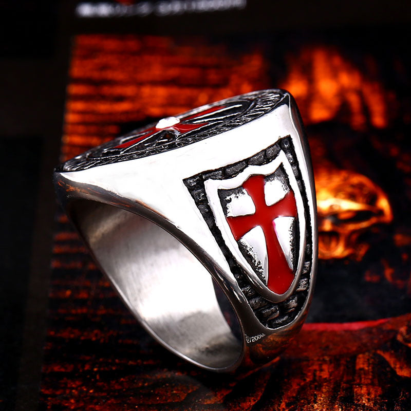 Men's Red Epoxy Templar Cross Titanium Steel Ring - Sizes 8-12 Wholesale Jewelry