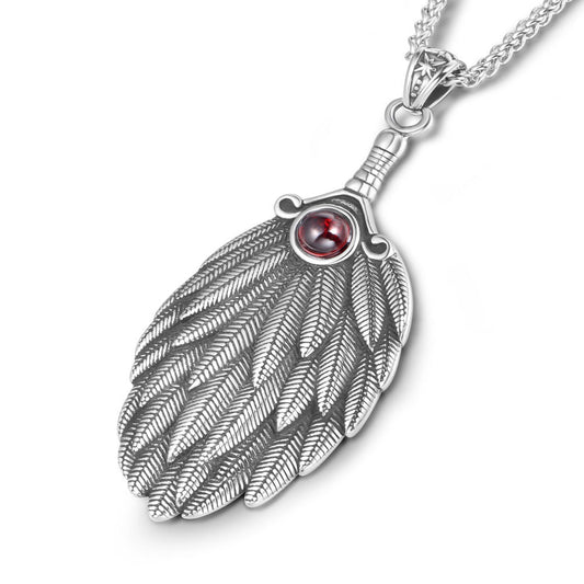 Oversized Feather Fan Pendant Necklace Inspired by Zhuge Liang from the Three Kingdoms with Red Stone Accent for Men