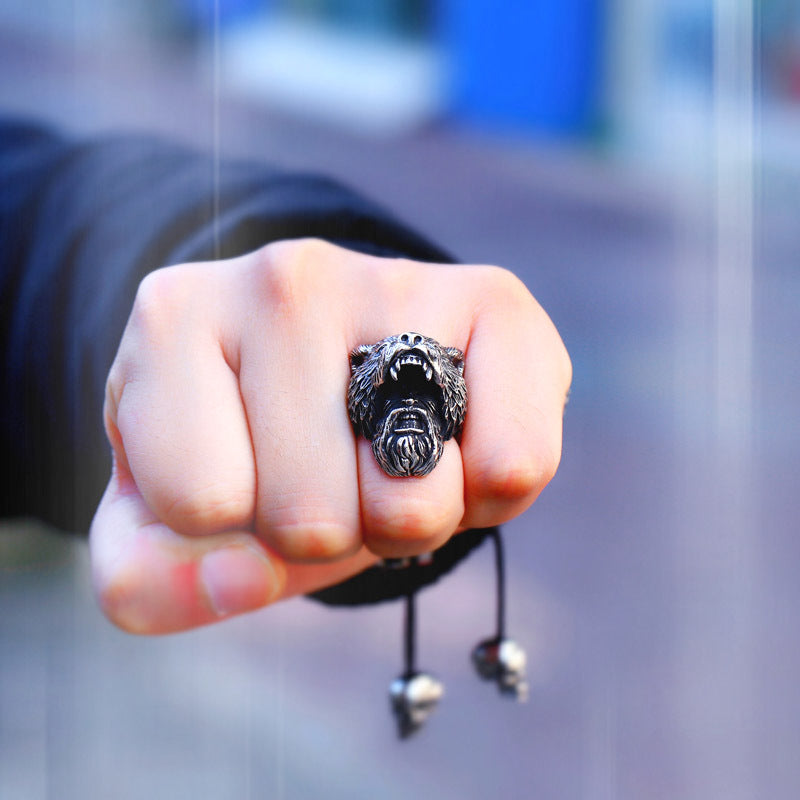 Viking Bear Man Stainless Steel Personality Ring for Men - Retro Wholesale Jewelry