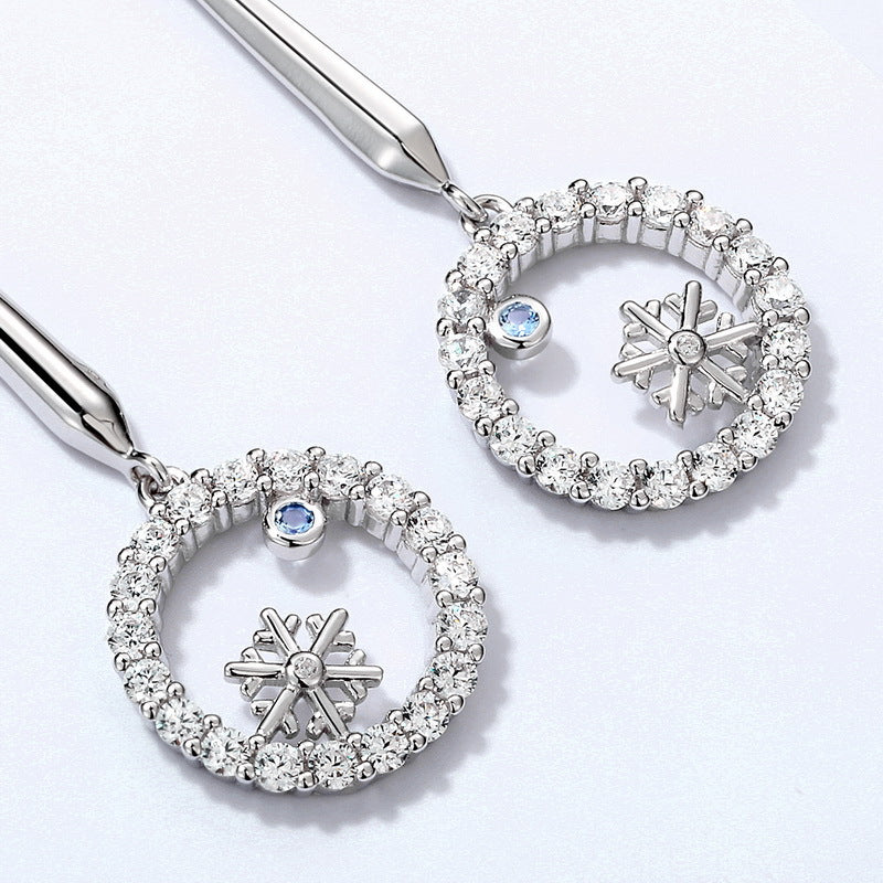 Hollow Circle Pendant Snowflake Blue Zircon Sterling Silver Drop Earrings