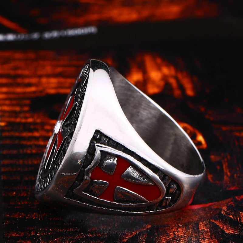 Men's Red Epoxy Templar Cross Titanium Steel Ring - Sizes 8-12 Wholesale Jewelry