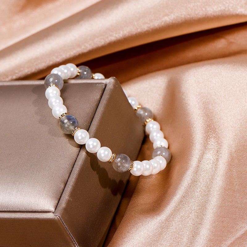 Moonlit Grey Crystal and Pearl Bracelet - Elegant Handcrafted Gift for Her