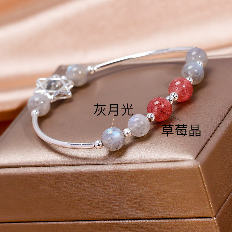 Strawberry Crystal Gray Moonlight Sterling Silver Bracelet Women's Simple Elastic Rope Star Bracelet