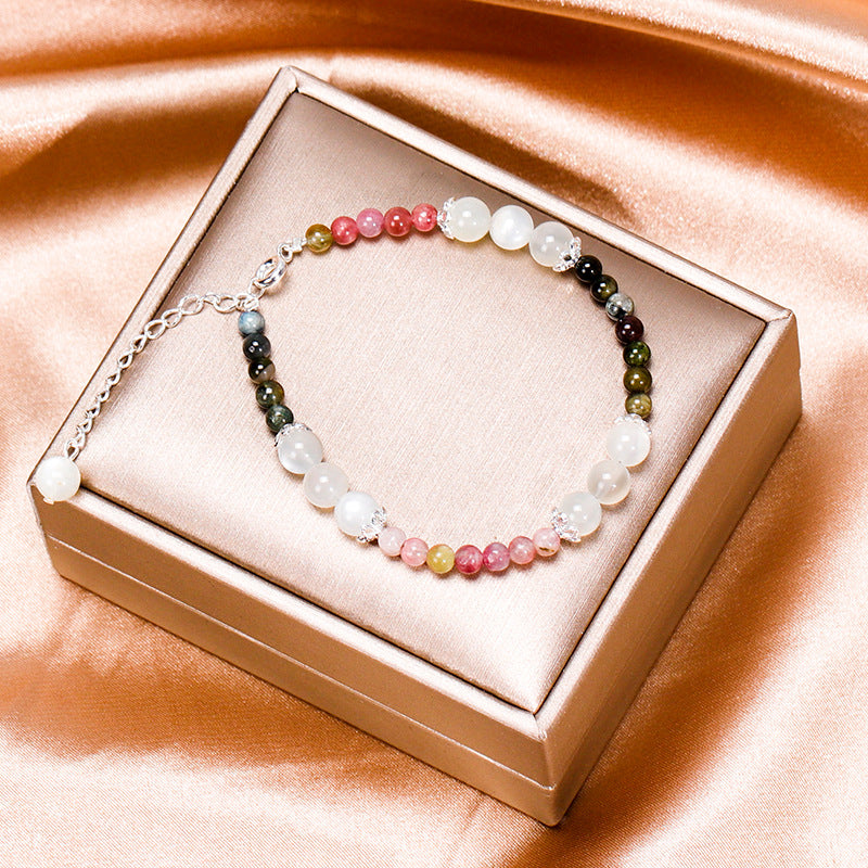 Elegant Crystal and Tourmaline Bracelet - Sterling Silver Women's Handcrafted Korean Edition Gift