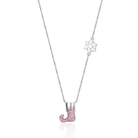 Pink Zircon Christmas Stocking Pendant Snowflake Sterling Silver Necklace