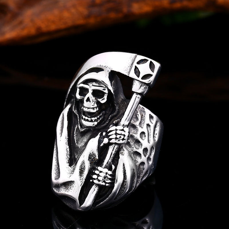 European-American Inspired Creative Skull Sickle Men's Titanium Steel Ring - Retro Wholesale Design