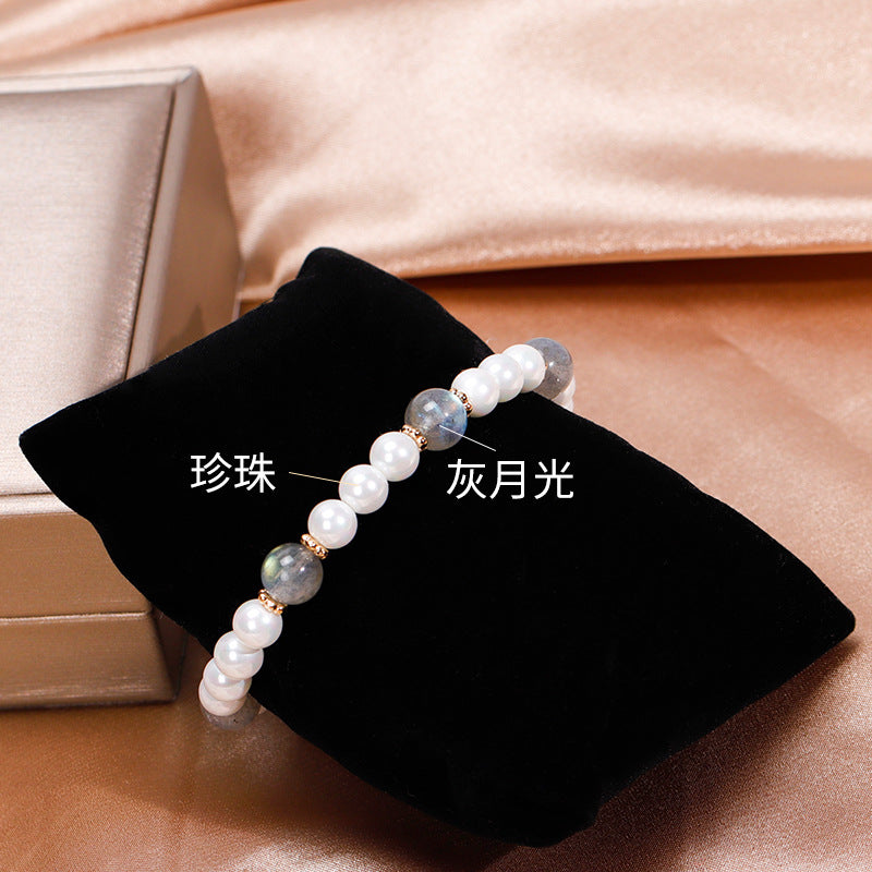 Moonlit Grey Crystal and Pearl Bracelet - Elegant Handcrafted Gift for Her