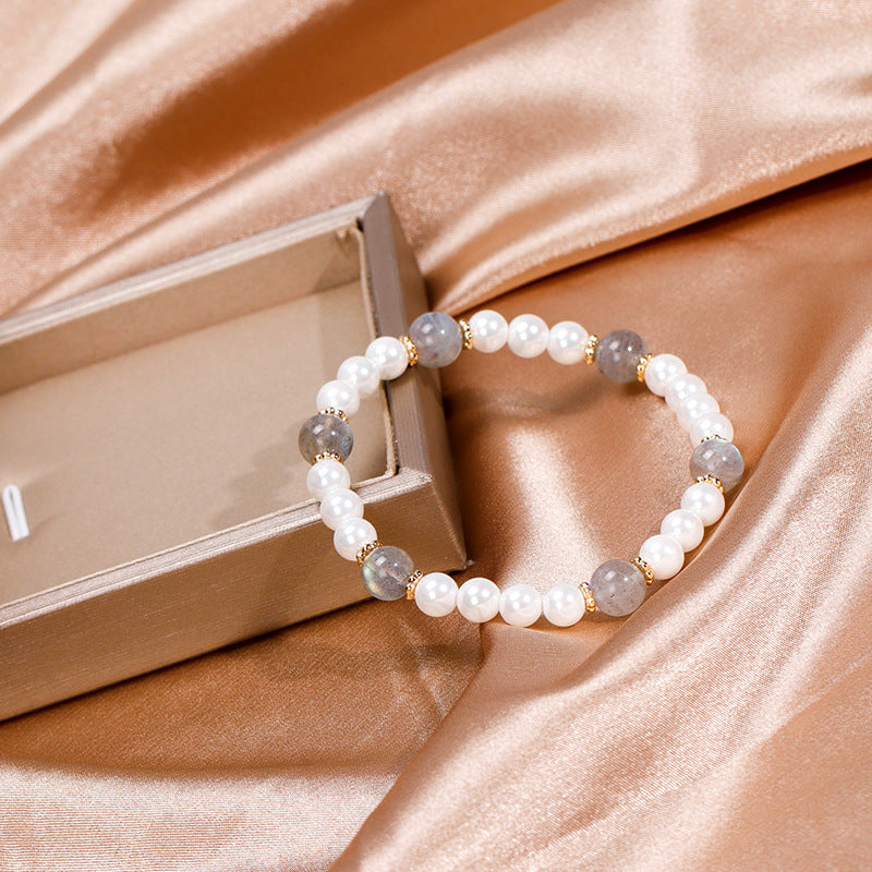 Moonlit Grey Crystal and Pearl Bracelet - Elegant Handcrafted Gift for Her