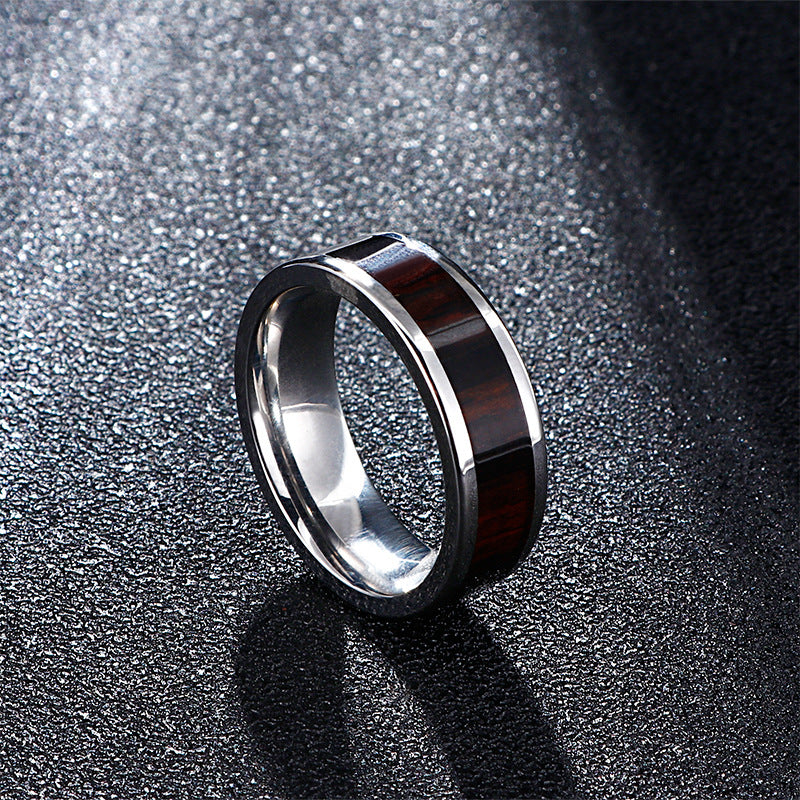 Creative Men's Titanium Steel Rings with Wood Grain Finish - European and American Fashion Jewelry, Wholesale Factory Direct