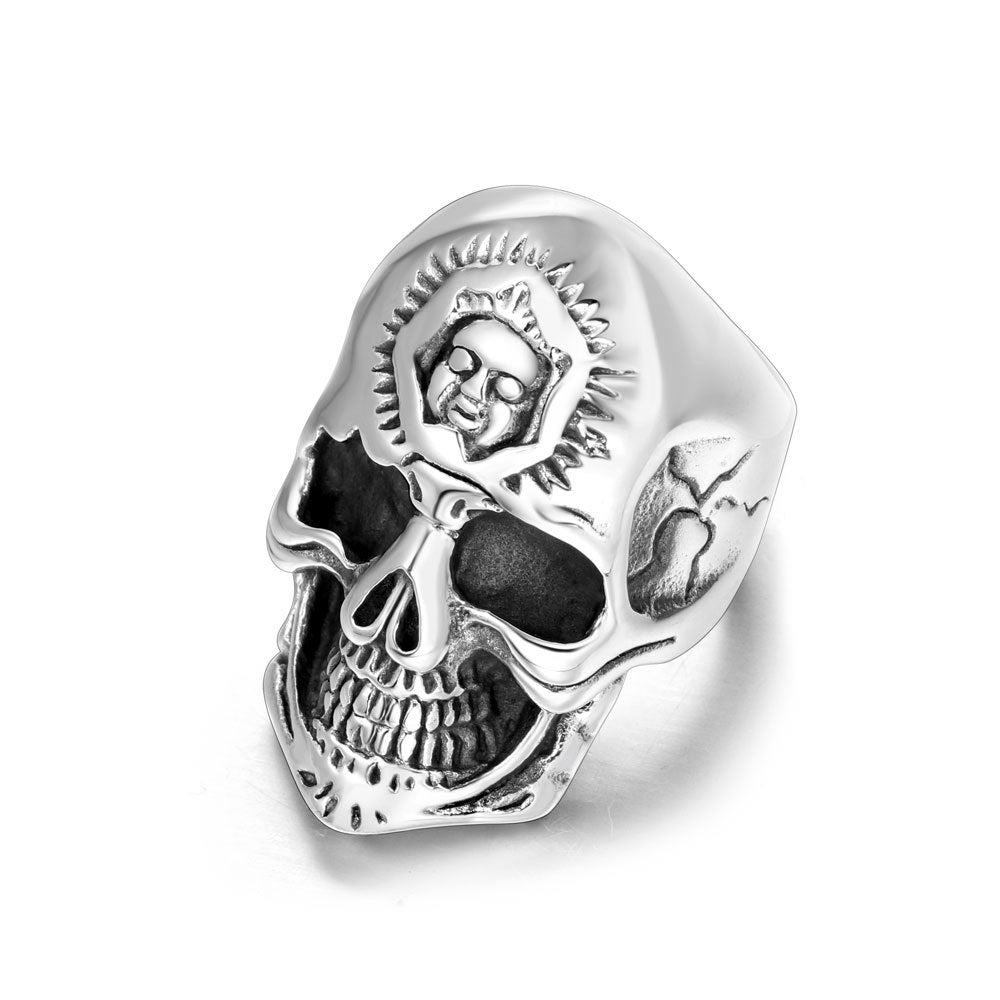 Punk Skull Ring in Retro Titanium Steel - Bold Double-Faced Design for Men