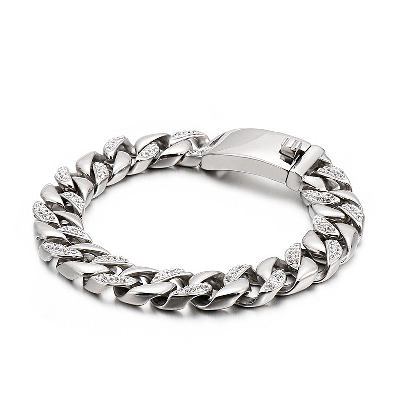 Men's Stainless Steel Cuban Chain Bracelet with Zircon Accents - Hip Hop Style Jewelry