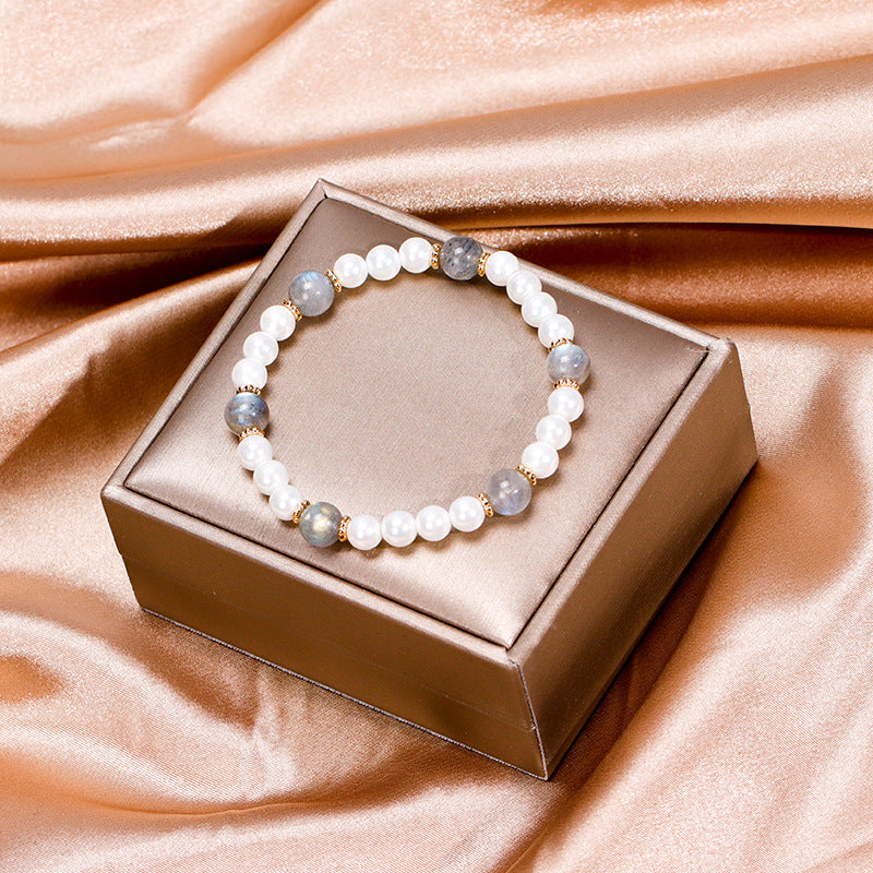 Moonlit Grey Crystal and Pearl Bracelet - Elegant Handcrafted Gift for Her