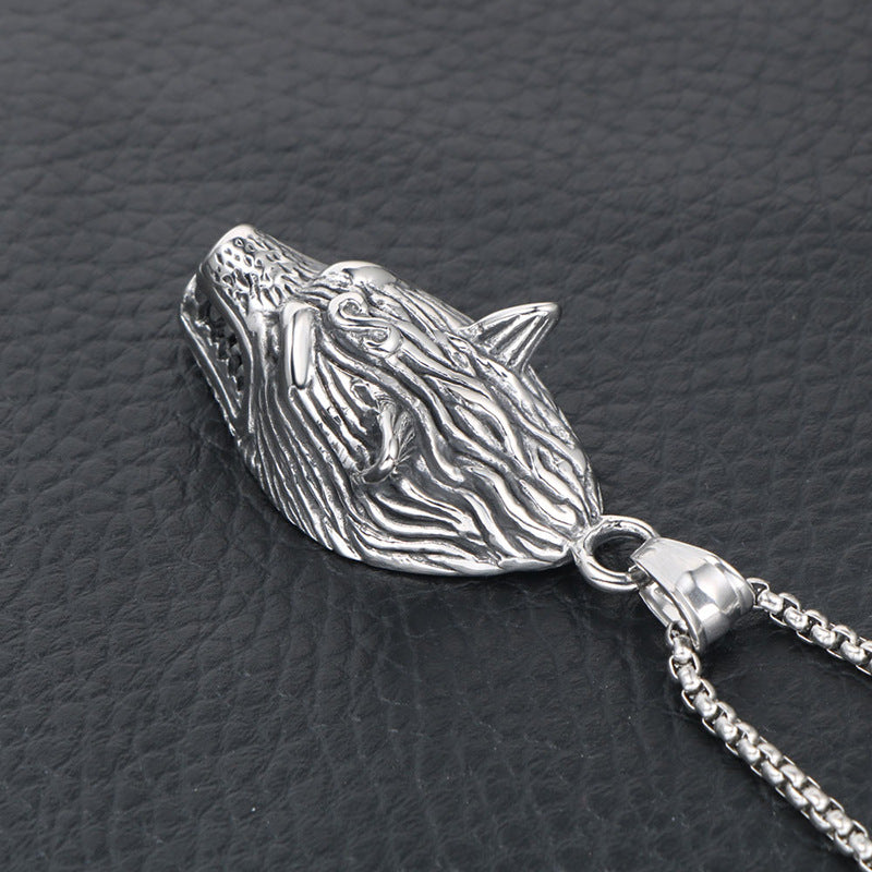 Titanium Steel Wolf Head Pendant Necklace for Men - Fierce Animal Design Sweater Chain Accessories