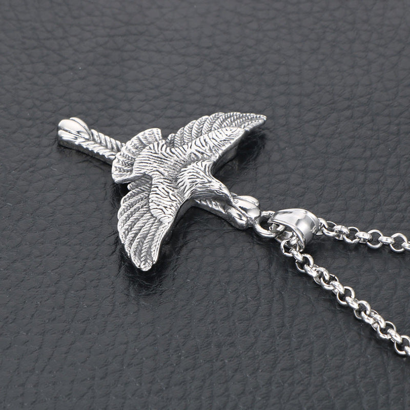 Punk Eagle and Cross Pendant Necklace - Titanium Steel Couple Sweater Chain for Men in European and American Fashion