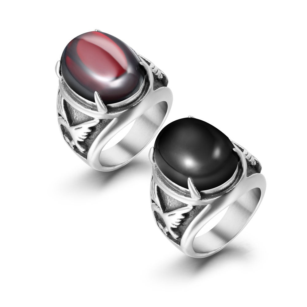 Titanium Steel Eagle Ring with Red and Black Agate Inlay - Unique Men's Fashion Jewelry