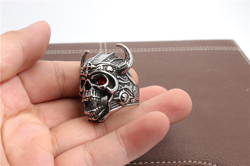 Men's Red-Eyed Titanium Steel Skull Ring - Bold Ghost Head Fashion Statement