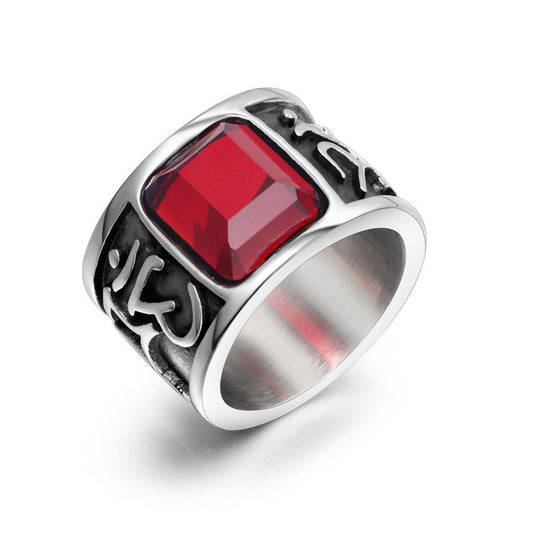 Men's Wide Titanium Steel Ring with Six-Character Mantra and Red Zircon