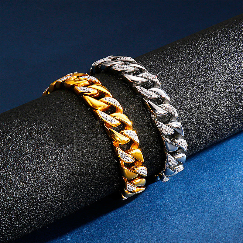 Men's Stainless Steel Cuban Chain Bracelet with Zircon Accents - Hip Hop Style Jewelry