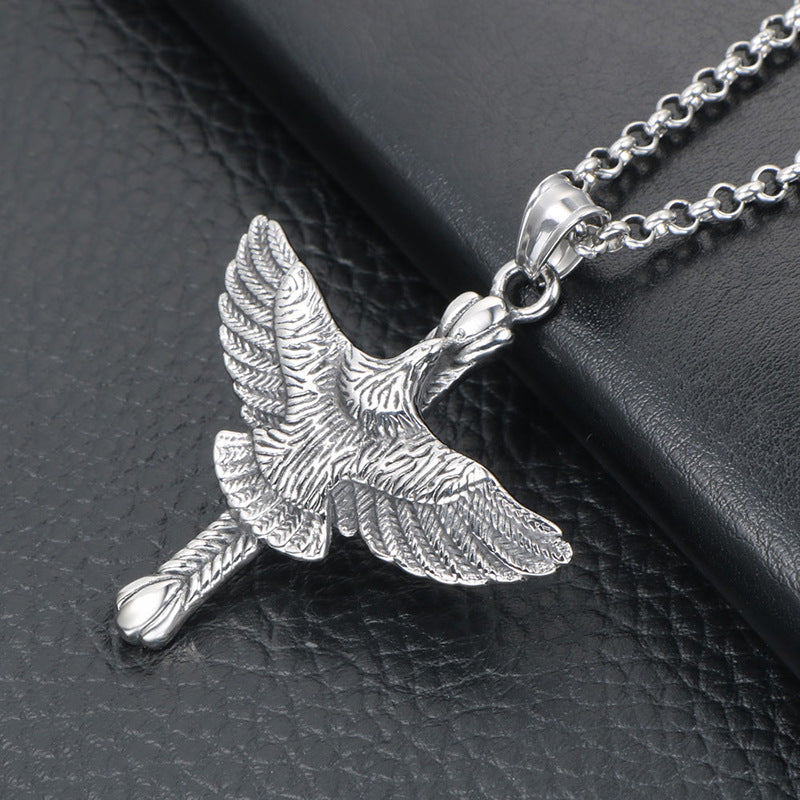 Punk Eagle and Cross Pendant Necklace - Titanium Steel Couple Sweater Chain for Men in European and American Fashion