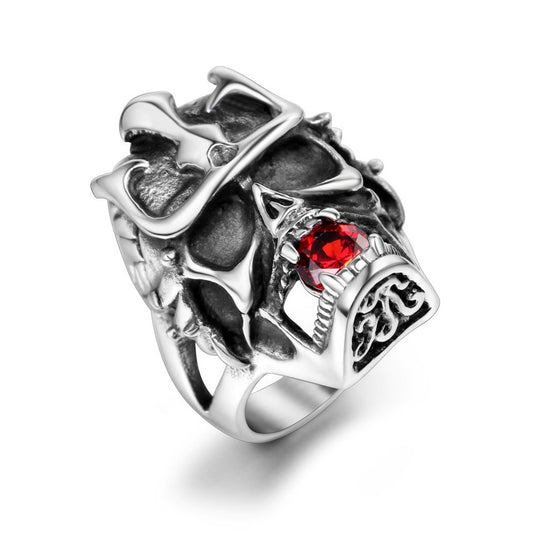 Titanium Steel Men's Retro Crown Skull Ring with Zircon Accents