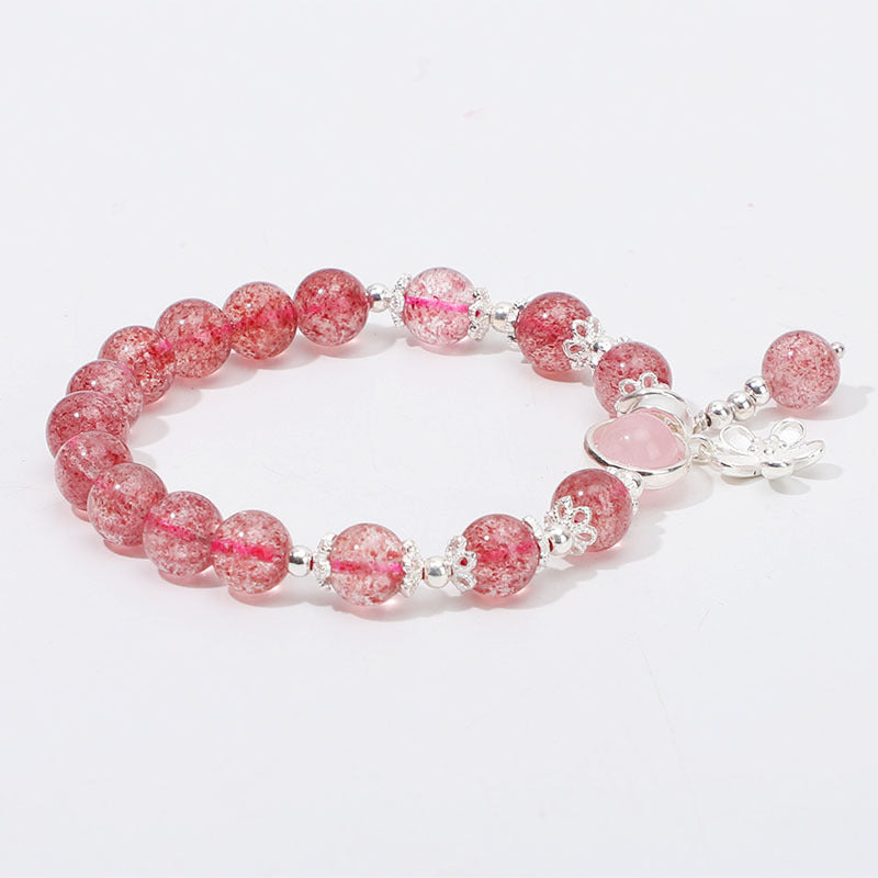 Korean Style Strawberry Crystal Flower Sterling Silver Bracelet