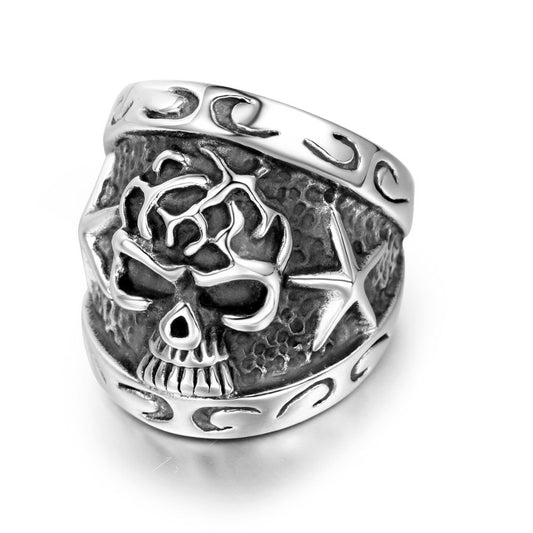 Exaggerated Men's Titanium Steel Ring with Relief Starfish Flower Skull Design in European and American Style