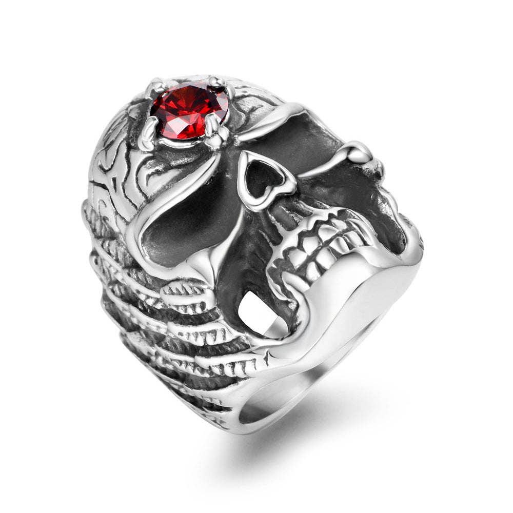 Titanium Steel Men's Gothic Red Zircon Skull Ring - Bold Wholesale Jewelry