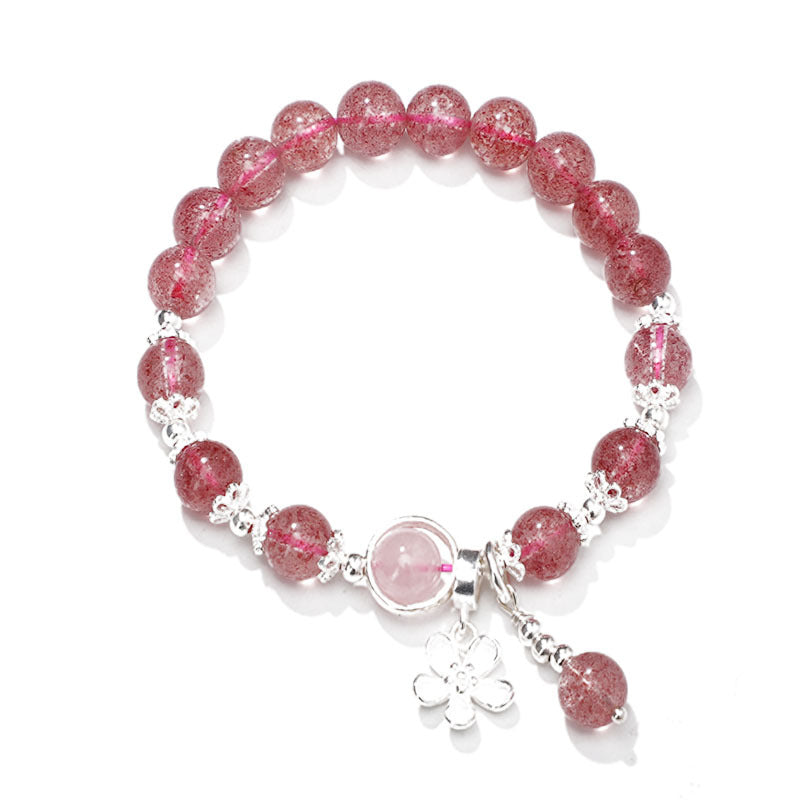 Korean Style Strawberry Crystal Flower Sterling Silver Bracelet