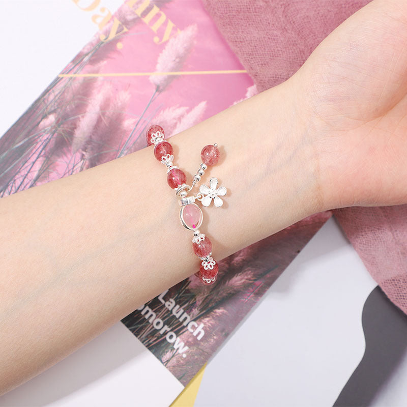 Korean Style Strawberry Crystal Flower Sterling Silver Bracelet