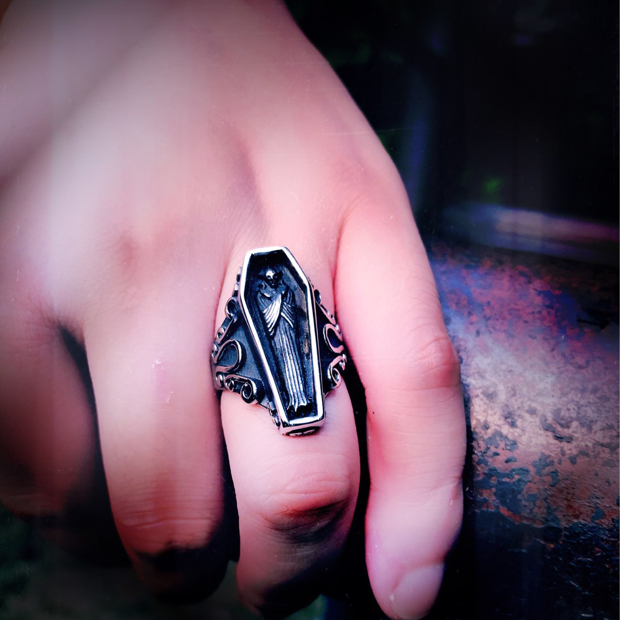 Gothic Punk Vampire Coffin Ring for Men - Retro European and American Jewelry Wholesale