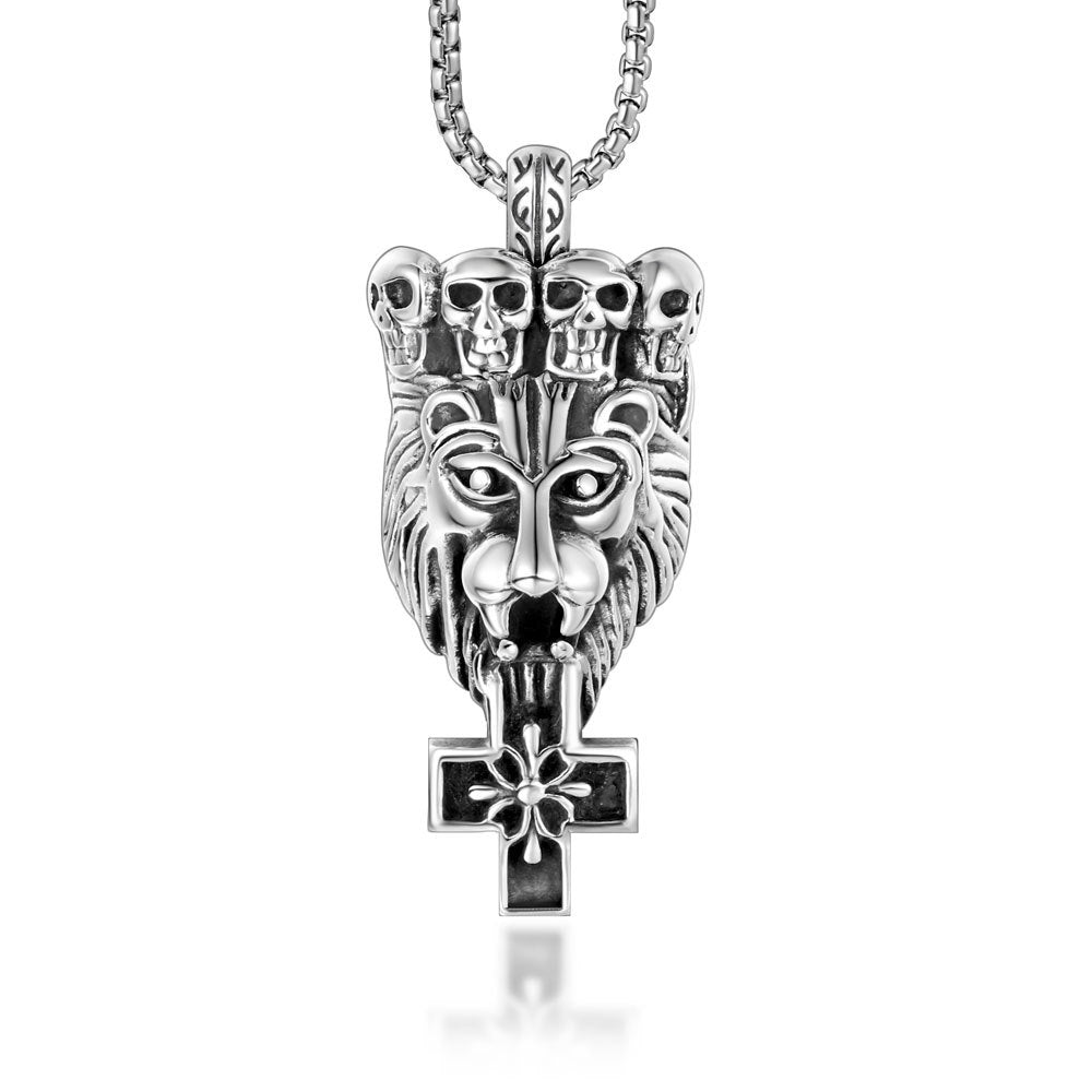 Men's Bold Titanium Steel Skull Crown Lion Head Pendant Necklace with Cross and Floral Design