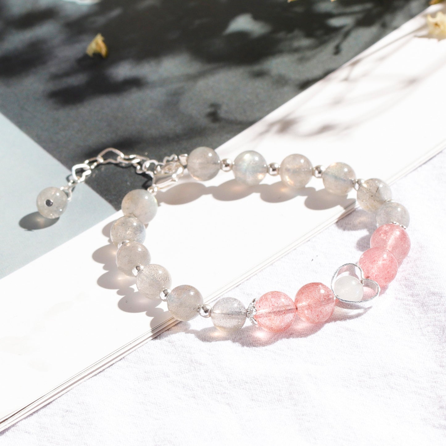 Pink Strawberry Crystal and Moonstone Sterling Silver Bracelet for Women