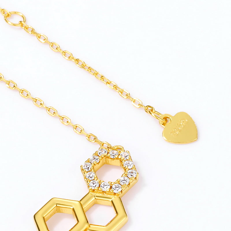 Honeycomb Pendant Little Bee Zircon Sterling Silver Necklace