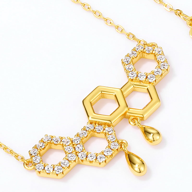 Honeycomb Pendant Little Bee Zircon Sterling Silver Necklace