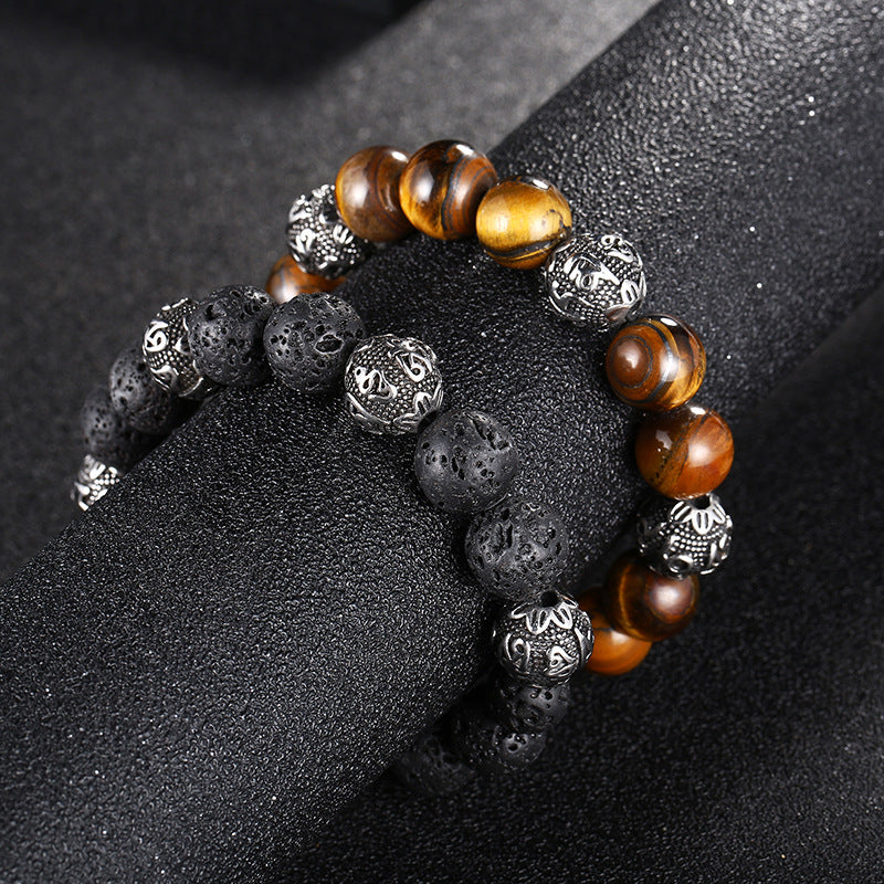 Trendy European and American Tiger Eye Stone Buddha Bead Bracelet for Men