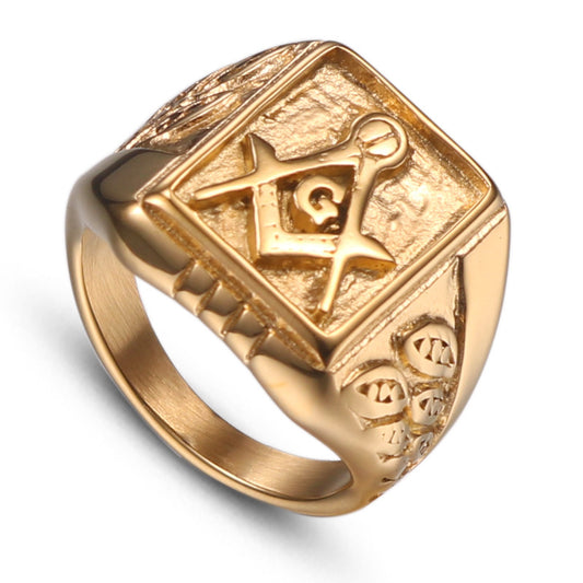 Freemasonry-Inspired Gold Titanium Steel Men's Ring - Elegant Fashion Jewelry for Men