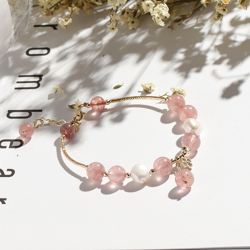 Strawberry Crystal Freshwater Pearl Bracelet with Real Gold Electroplating