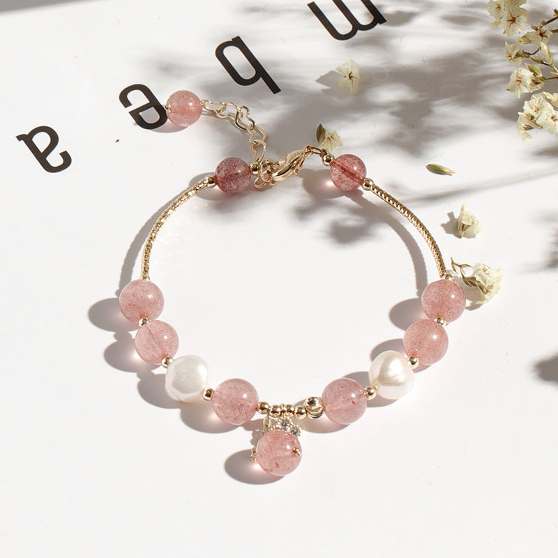 Strawberry Crystal Freshwater Pearl Bracelet with Real Gold Electroplating