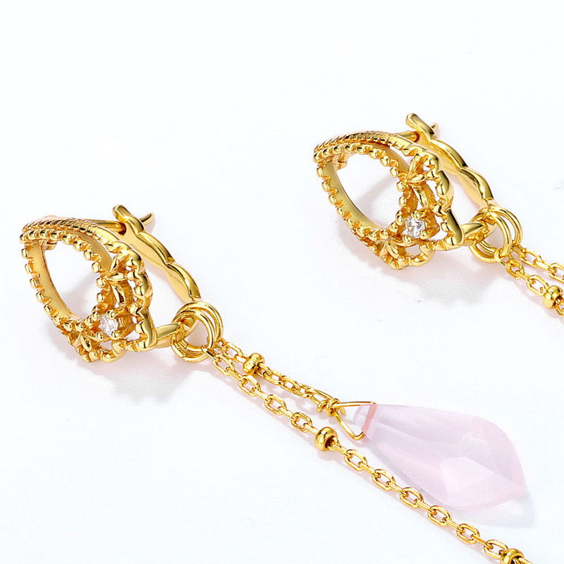 Luxury Tassel Pink Crystal Silver Drop Earrings