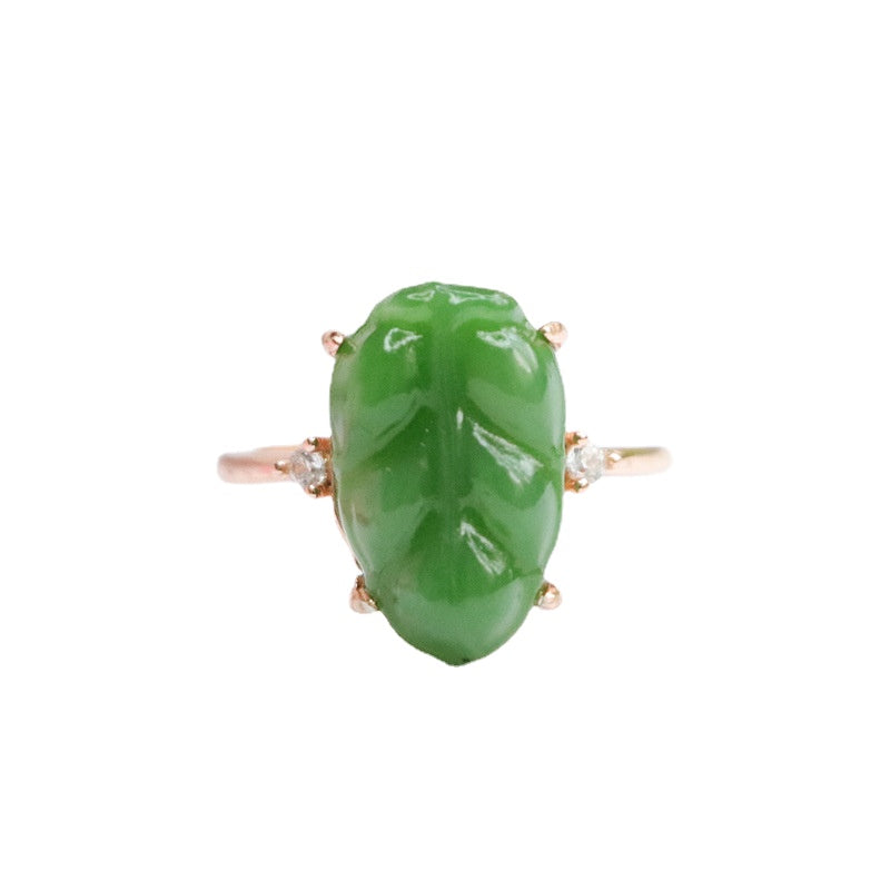 Exquisite Sterling Silver Hetian Jade Jasper Leaf Ring