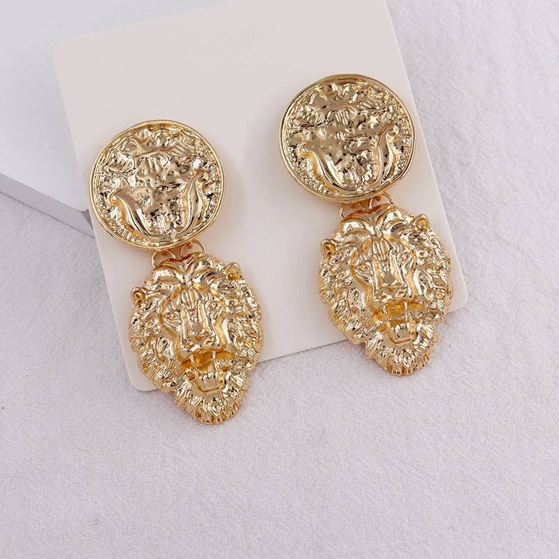 Lion Head Retro Gold Coin Earrings - Vienna Verve Collection