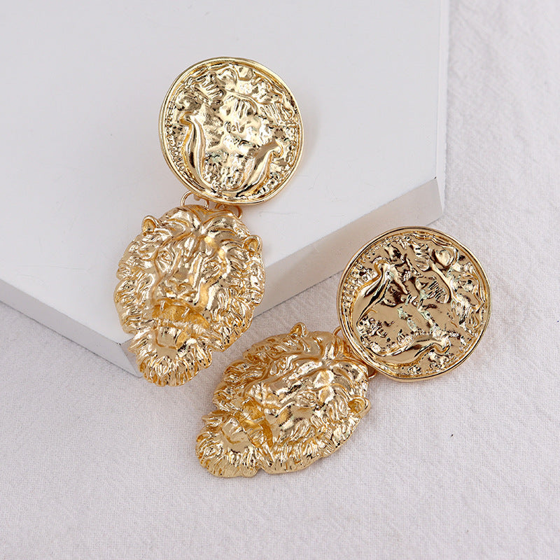 Lion Head Retro Gold Coin Earrings - Vienna Verve Collection